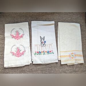 Vintage Linen tea towels hand embroidered set of 3 Scottie dog flowers 1950's